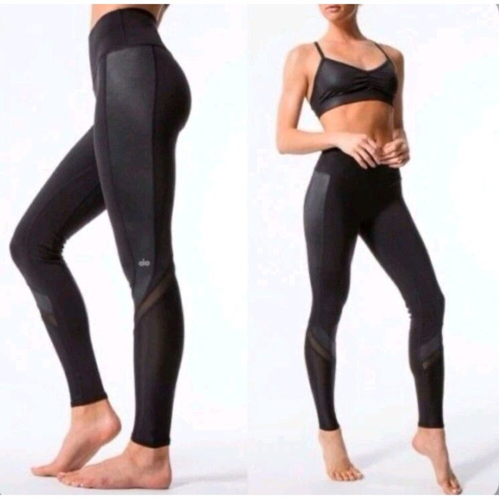 Alo Yoga Elevate Leggings Black Mesh Contrast Panel High Waisted Size XS